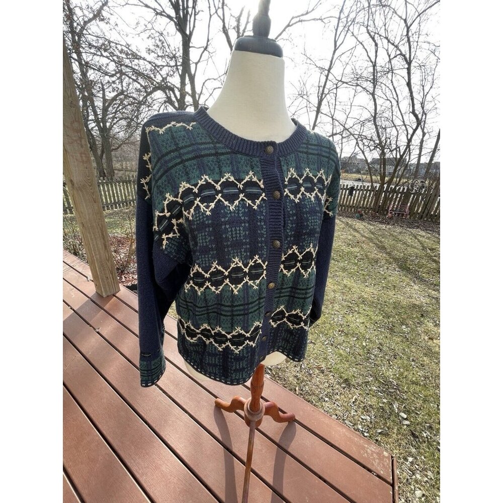 Hand Embroidered Christopher & Banks Womens Cardigan Sweater L Navy & Green Plai